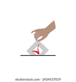  Human hand. A man's hand holds a piece of paper and puts it into the ballot box. Voting card, print or poster. Trend symbol. Vector illustration.