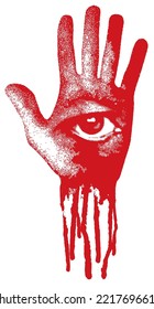 mano humana con masonic, todos los símbolos visuales y goteos y gotas de sangre. Cartel vectorial sobre el tema del ocultismo o la alquimia con el tercer ojo sobre la palma abierta