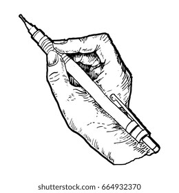 Human hand with a mechanical pencil. Drawn by hand black and white illustration. Etching style.