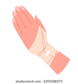 Human hand with medical bandage, infographic vector illustration. Cartoon isolated broken injured arm and wrist with elastic bandage wrap for treatment in hospital trauma and pain of accident