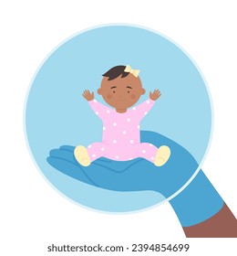 Human hand in medical glove holding bubble with baby girl to protect against omicron and coronavirus disease. Safety and protection of newborns isolated flat vector illustration