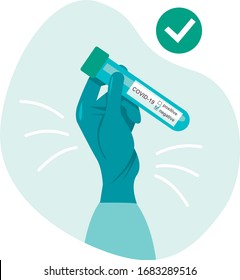 Human Hand In Medical Glove Holds A Test Tube Containing Negative Test Sample For Coronavirus (Covid-19) Flat Vector Illustration.