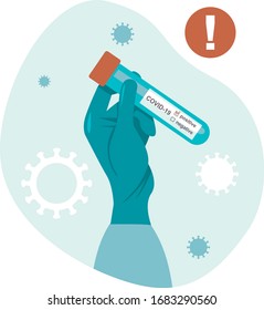 Human Hand in medical glove holds a test tube containing a positive test sample for coronavirus (Covid-19) Flat vector illustration with copy space