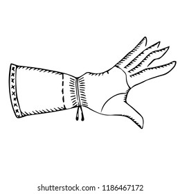 A human hand in a medieval glove. Line art. Hand drawn. Vector illustration. 