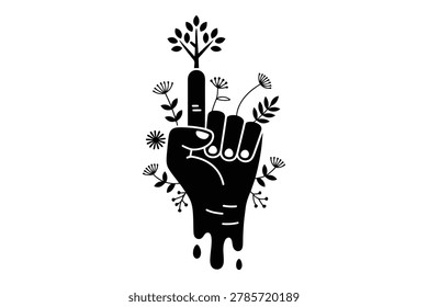 Of a human hand melting into liquid with a tree and wildflowers growing from the fingers