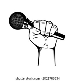 Mano humana con micrófono. Elemento de diseño para el signo, logotipo, etiqueta, camiseta. Ilustración del vector