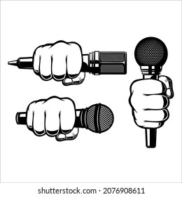 Human hand with microphone. Design element for sign, logo, label, t shirt. Vector illustration