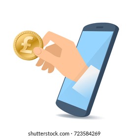A human hand from the mobile phone screen holding a pound coin. Money, banking, online payment, buying, electronic business concept. Flat illustration of hand, phone, pound. Vector material design.