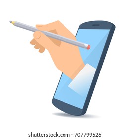 A human hand from the mobile phone's screen holds an office wooden grey pencil. Modern technology, smart phone apps and text editor flat concept illustration. Vector design element isolated on white.