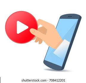 A human hand from the mobile phone's screen holds a red play button with white arrow. Modern technology, smart phone apps, media, video symbol flat concept illustration. Vector design isolated element