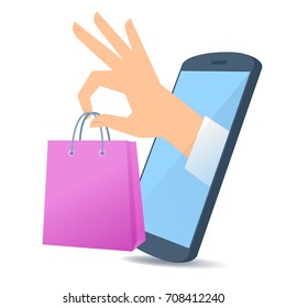 A human hand from the mobile phone's screen holds a market bag. Modern technology, smart phone apps, online shoping and e-commerce flat concept illustration. Vector design element isolated on white.