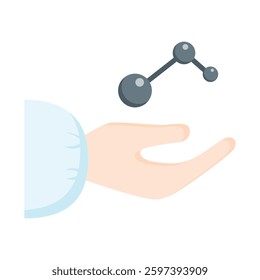 Human hand and molecule model. Chemical industry. Simple vector illustration for banner, icon, sticker, infographic