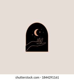 Human hand moonlight logo or icon symbol. Night sky concept, a phase of the Moon. Moon logo design, creative moon logo, night logo. Vector emblem in a minimal linear style.