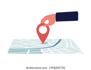 Human hand moving red pin route sign on map, flat vector illustration isolated on white background. Announcement of company or office moving, business relocation.