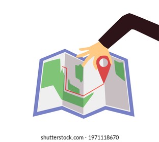 Human hand moving route pin sign on the map, flat vector illustration isolated on white background. Red pointer sign of GPS location and geographic navigation.