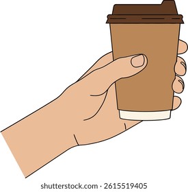 A human hand with natural skin tone grips a brown disposable coffee cup with a dark brown lid, isolated on white, conveying a casual and simple coffee-drinking moment.