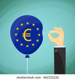 Human hand with a needle and a balloon with the flag of the European Union. Stock Vector cartoon illustration.