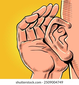 Mão humana ao lado da orelha. Escutar informações de outras pessoas e roubá-las. Rumores sobre novas ofertas no mercado. Desenho animado pop art retro vetor ilustração desenho à mão