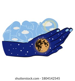 Human hand as night holding newborn baby as day. Juxtaposition of sun and moon. Creative concept for unity of dual opposites. Lullaby for sleeping child.