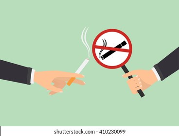 Mano humana sin fumar y mano humana sosteniendo un cigarrillo sobre fondo verde. Diseño plano de ilustración vectorial Concepto del Día Mundial sin Tabaco.