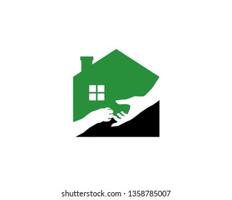 Human hand offering help to pets cat dog paw inside a safe house