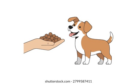 Human hand offering a pile of dry kibble pieces to a dog standing and looking up in an attentive pet feeding and training session for better behavior and obedience.
