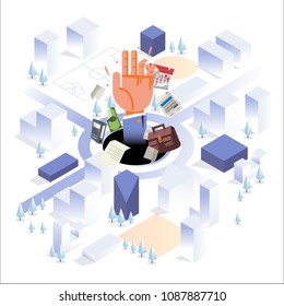 Human hand with office element in big hole on the center of big city. busy man or hard working. isometric style - vector illustration