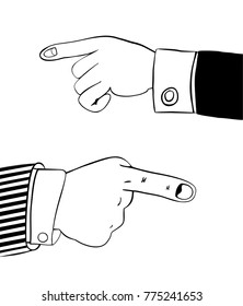 Human hand in office suit indicates something important. Pointing finger. Suitable as a element of your website design, advertising offer, info graphic, etc. Isolated on white. Vector illustration. 