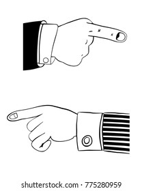 Human hand in office suit indicates something important. Pointing finger. Suitable as a element of your website design, advertising offer, info graphic, etc. Isolated on white. Vector illustration. 