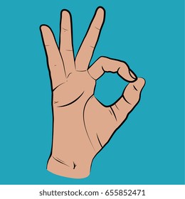 Human hand, OK sight, fingers showing symbol of a great state. Vector isolated sketch style, hand drawn illustration