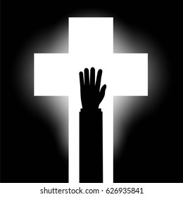 Human hand on the background of the religious symbol of the cross. Stock vector illustration.