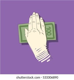 Human hand on a banknote with palm facing downward, take or give bribe, money, top view - line drawing, sketch