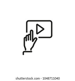 Human hand on play button line icon. Video, motion, user. Video content concept. Can be used for topics like movie, mobile apps, multimedia.