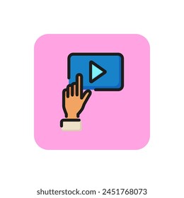 Human hand on play button line icon. Video, motion, user. Video content concept. Can be used for topics like movie, mobile apps, multimedia.