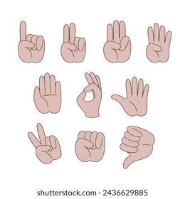 Human hand one to five counting fingers gestures vector illustration set isolated on white. Groovy hand drawn back to school education print collection.