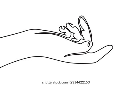 Mano humana una línea continua. Arte de línea, contorno aislado en fondo blanco. Ilustración vectorial.