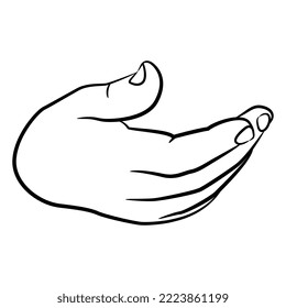 Mano humana con palma abierta en gesto con cortadura. Silueta lineal blanca y negra. Estilo de caricatura.