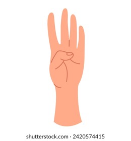 A human hand with an open palm and a curved thumb. Counting on the fingers of the hand. The palm showing the number four. Sign language and body language. Vector graphic illustration