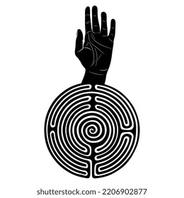 Human hand with open palm emerging from a round spiral maze or labyrinth symbol. Creative concep. Black and white silhouette.