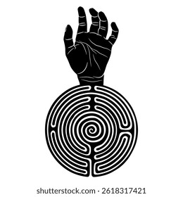 Human hand with open palm emerging from a round spiral maze or labyrinth symbol. Creative concept. Black and white silhouette.