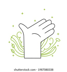 Human hand. Open palm. Gesture of greeting. Hello and hi sign. Minimalist trendy outline cartoon illustration isolated on white