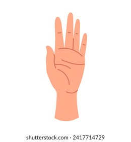 A human hand with an open palm. The gesture of the hello sign, stop sign. The palm showing number five. Sign language and body language. Vector graphic illustration isolated on a white background