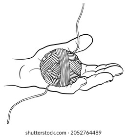 Human hand with open palm holding yarn ball. Ariadne thread. Black and white linear silhouette. Creative concept.