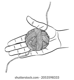 Human hand with open palm holding yarn ball. Ariadne thread. Black and white linear silhouette. Creative concept.