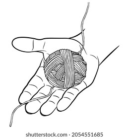 Human hand with open palm holding yarn ball. Ariadne thread. Black and white linear silhouette. Creative concept.