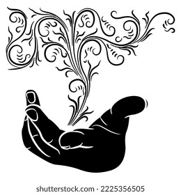 Human hand with open palm holding swirls of smoke. Creative concept for miracle. Black and white silhouette.