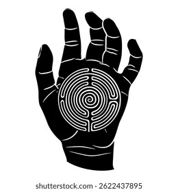 Human hand with open palm holding a round spiral maze or labyrinth symbol. Creative concept. Black and white silhouette.