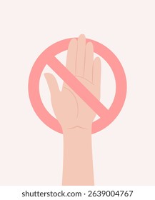 Human hand with open palm holding red stop sign. Flat vector illustration