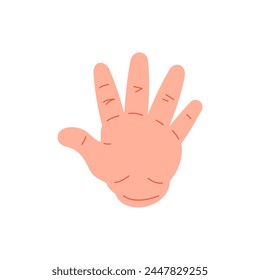 Human hand with open palm waving greeting hi hello gesture icon vector flat illustration. Male cartoon arm friendly communication bye goodbye five fingers welcome good message voting gesturing