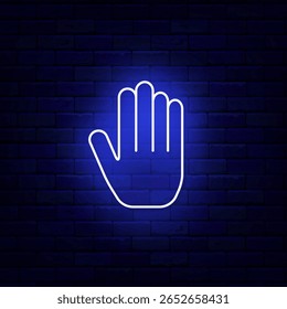 Mão humana no ícone de néon de pose aberta. Símbolo de voto. Cursor do computador. As pessoas ajudam emblem. Ilustração de estoque vetorial